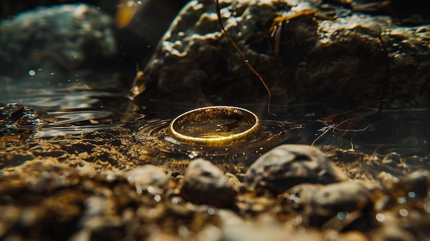 Photo gold wedding rings on the surface of the water closeup