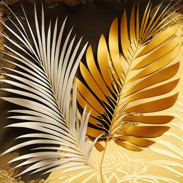 A gold and white background with palm leaves and a gold border.