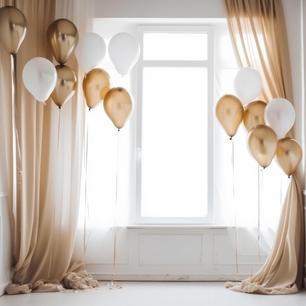 Gold and white balloon on white room with curtain background