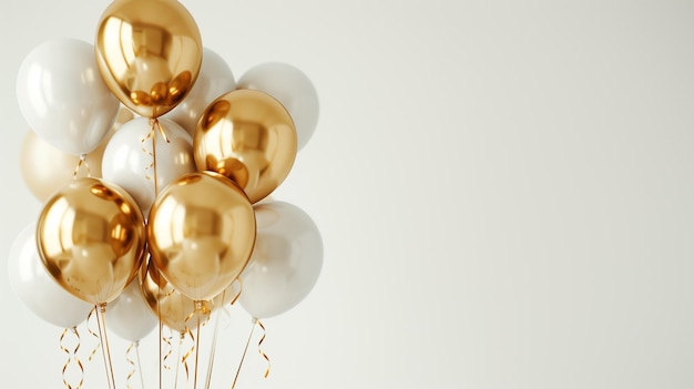 Photo gold and white balloons with ribbons on white background 3d rendering