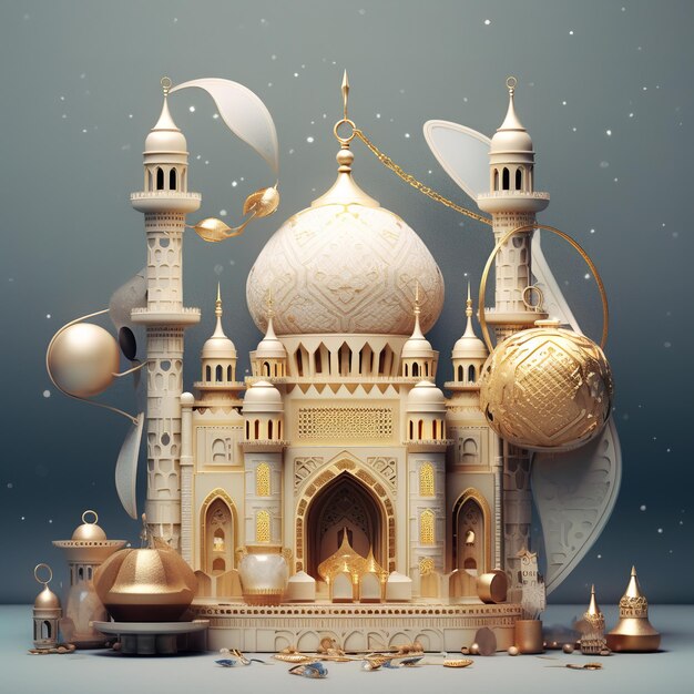 A gold and white castle with a silver ball and a silver ball