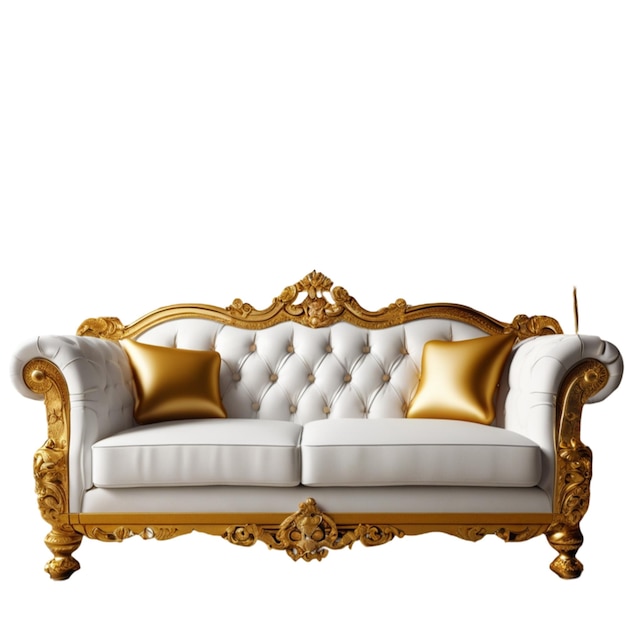 a gold and white couch with a gold and white pillow on it