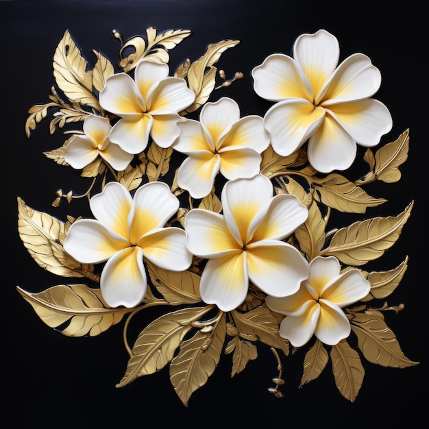 Gold And White Decorative Flower And Leaf Art Mural On Black Background