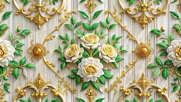 a gold and white floral pattern on a wooden door