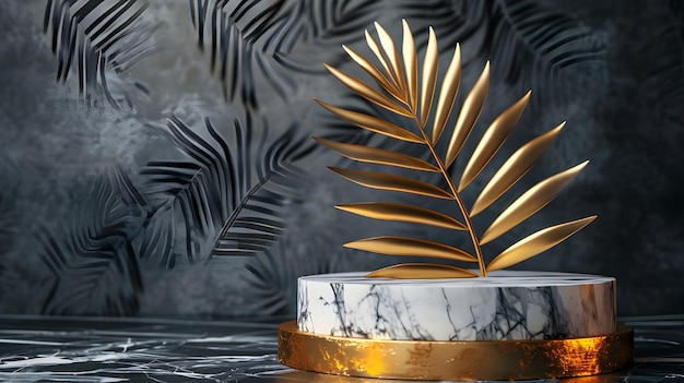 a gold and white ice cube with a palm tree in it