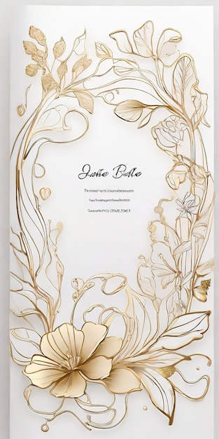 a gold and white invitation with gold flowers and gold leaves