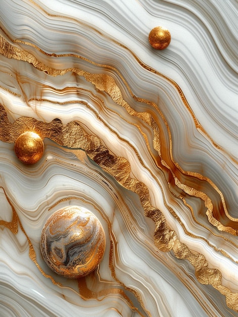 a gold and white marble with gold balls on it