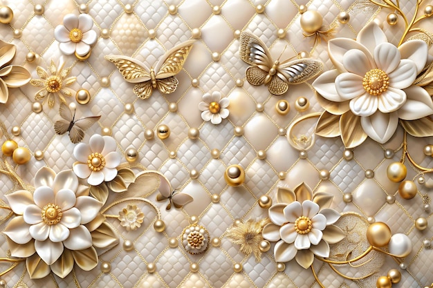 a gold and white quilt with butterflies and flowers