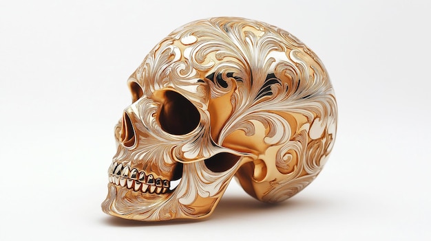 Gold and White Skull with Swirling Patterns