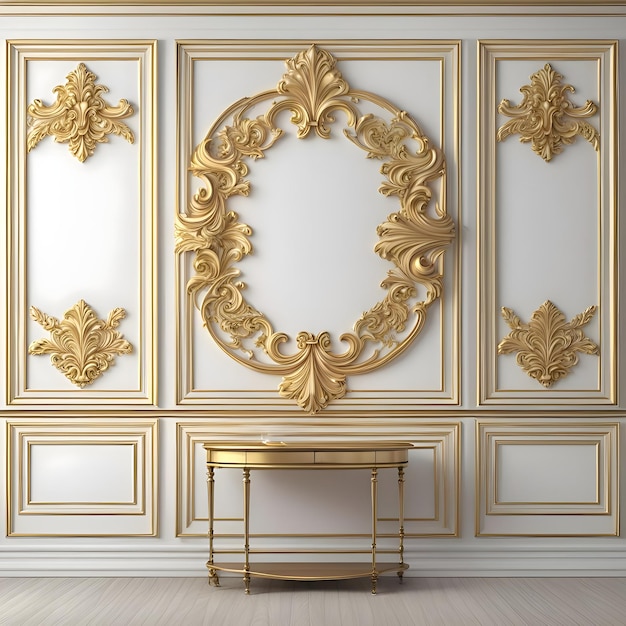 a gold and white wall with a gold frame and a gold table with a gold top.