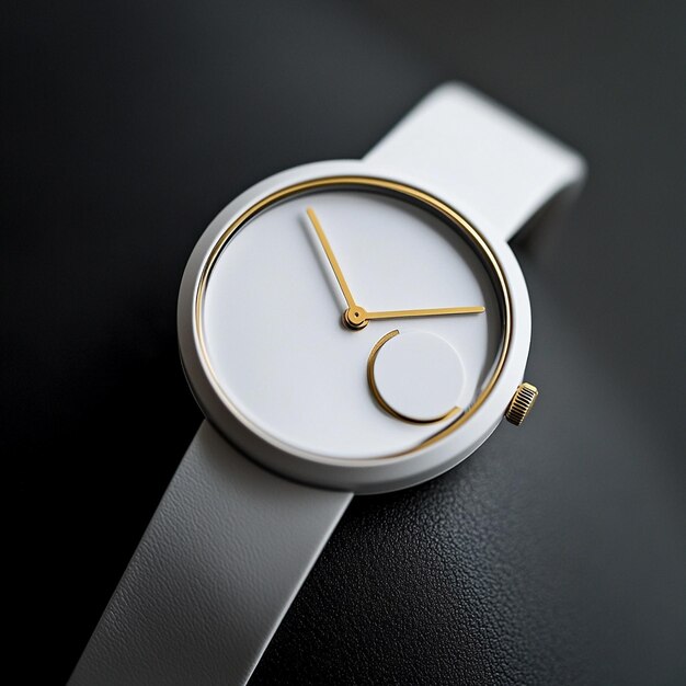 a gold and white watch with a black band that says  the time