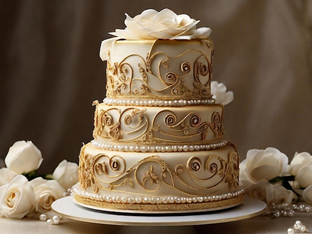 a gold and white wedding cake with a flower on top