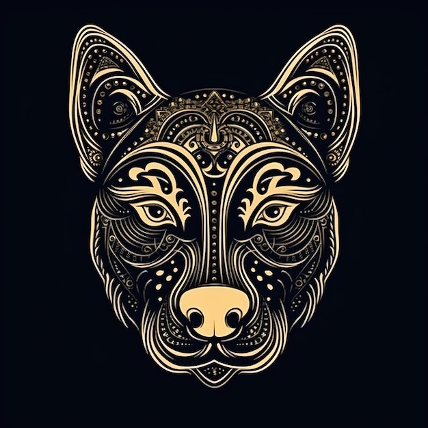 Gold wolf head on a black background.