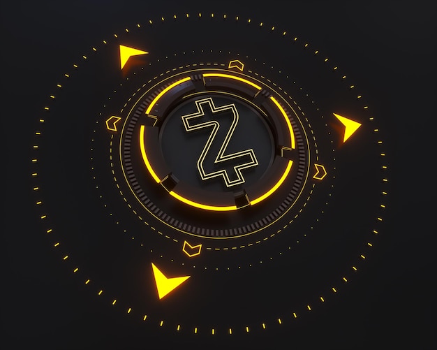 Gold zcash coin logo on the dark digital background and yellow glow shape