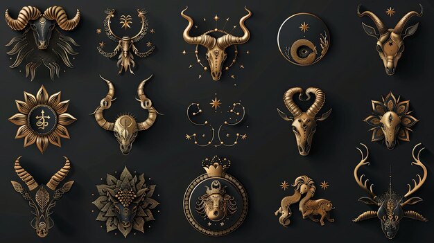 Photo gold zodiac animals with black background and star decorations