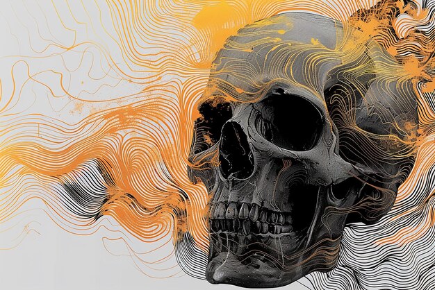 Photo goldaccented black skull line sketch