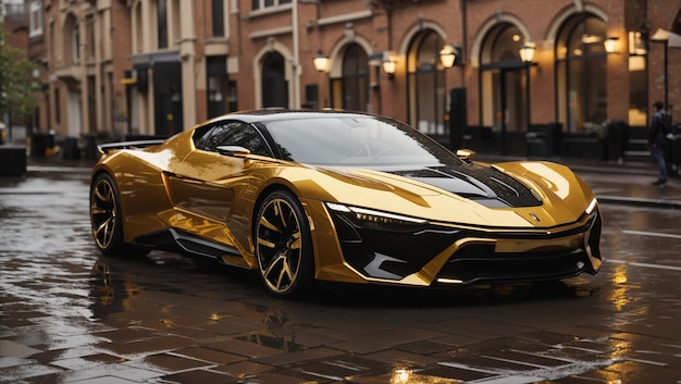 goldcolored sports car is parked on a wet city street