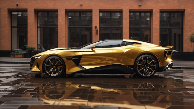 goldcolored sports car is parked on a wet city street