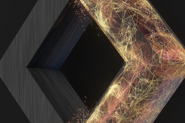 Golden abstract lines and crystals with black background 3d rendering