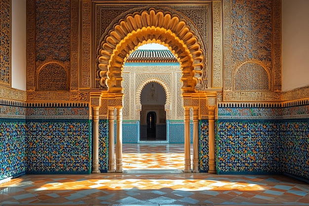 Golden accents on a richly decorated doorway