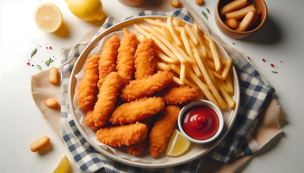 Photo golden air fryer chicken tenders with fries and ketchup on a plate