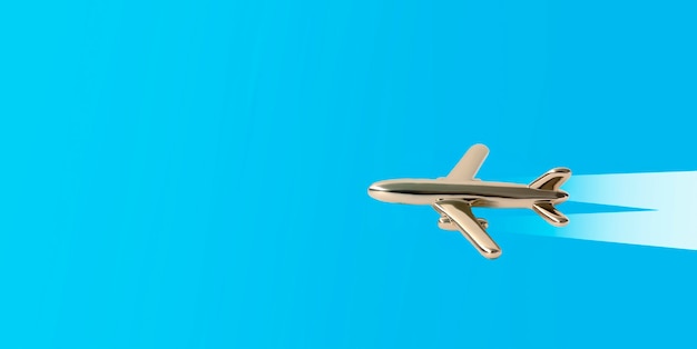 Golden airplane on a blue background travel concept with a copy of space