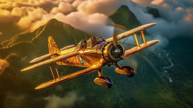 A golden airplane flies over a mountain range.