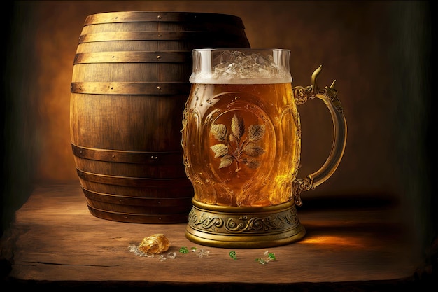 Golden alcoholic beverage in large beer mug and beer barrel created with generative ai