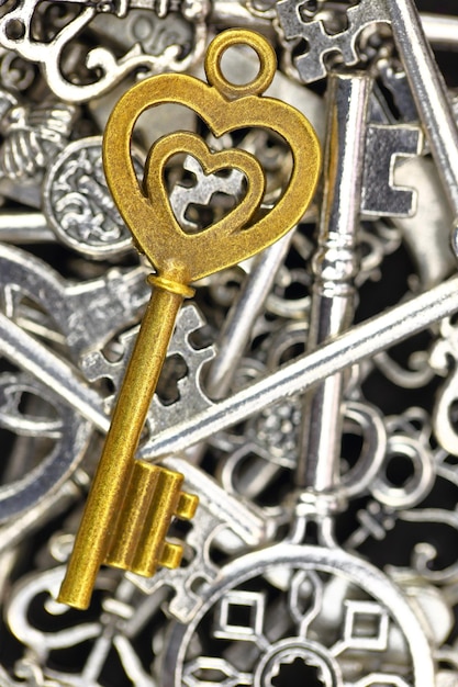 Golden antique key on pile of metallic keys closeup