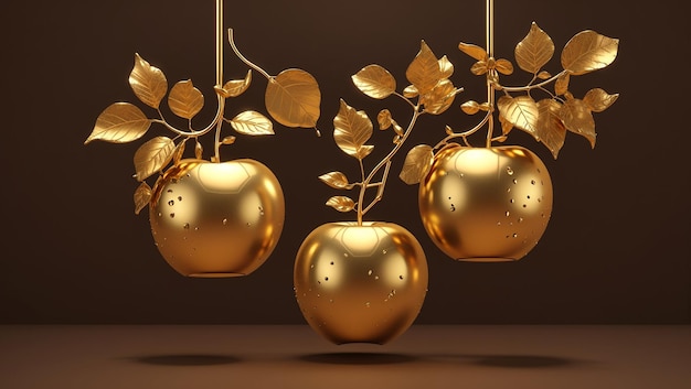 a golden apple hangs from a lamp with gold leaves