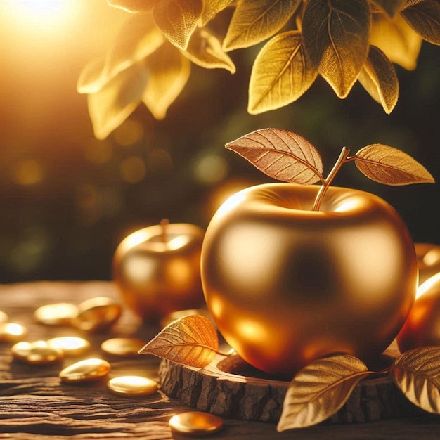 a golden apple with gold leaves and gold leaves on a table