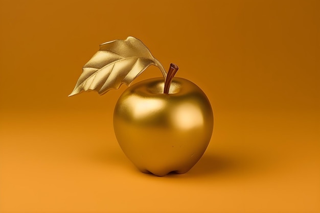 A golden apple with a leaf on it