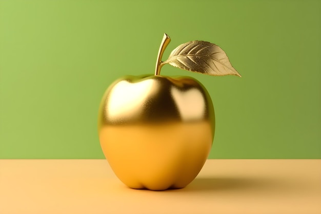 A golden apple with a leaf on it