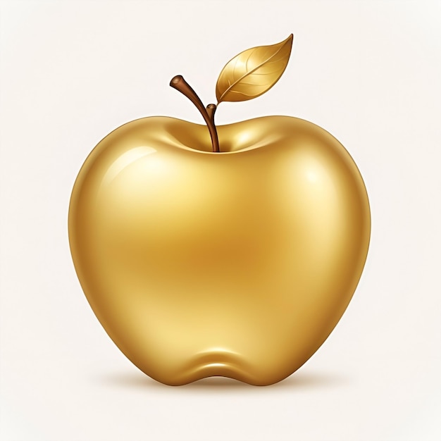 a golden apple with a leaf on its stem