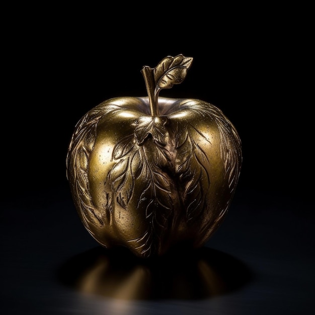 a golden apple with a leaf on its stem