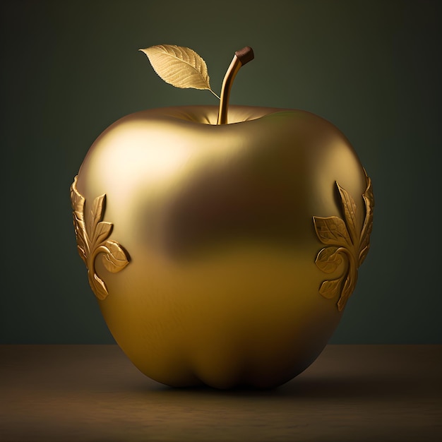 A golden apple with leaves on it is sitting on a table.