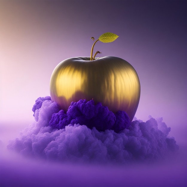 A golden apple with purple clouds and a leaf on it.