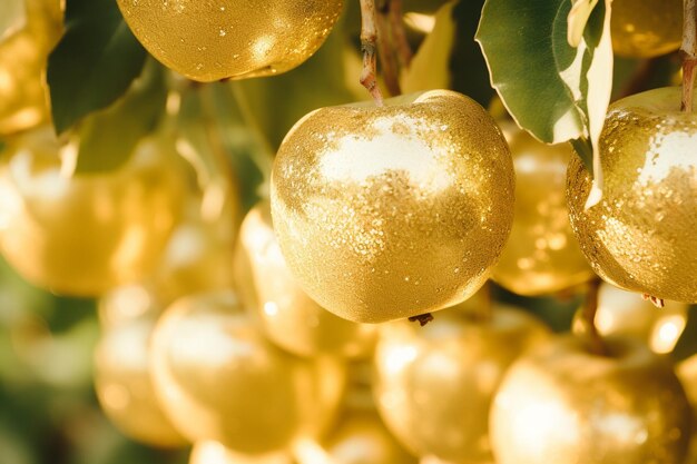 Photo golden apples and blossoms in the orchard