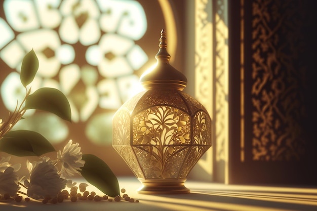 Golden Arabic ornaments pot on the mosque window