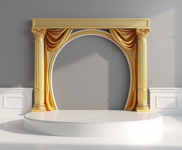 Photo golden archway with drapes and marble platform