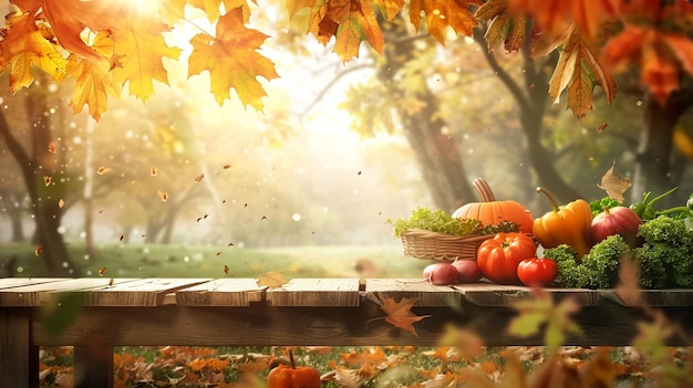 Golden autumn background with trees and a few fresh vegetables on top of the table