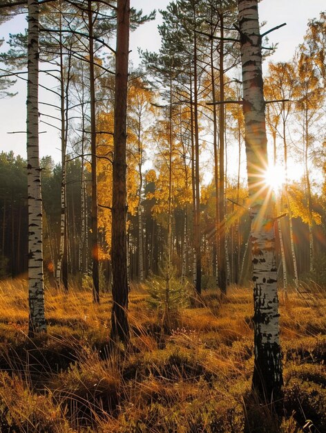 Golden Autumn Forest with Sunlight Through Trees