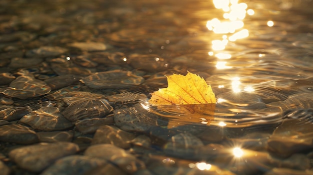 Photo golden autumn leaf floats on water with sun reflections fall nature and tranquility concept