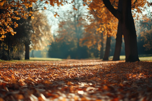 Golden autumn leaves blanket a serene park pathway during a sunny afternoon stroll