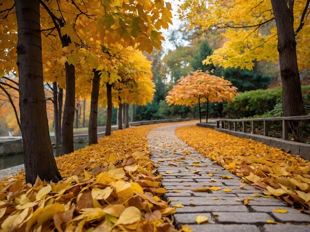 Golden autumn leaves covering a quaint pathway