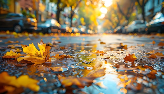 Photo golden autumn leaves on wet street early morning representing seasonal cityscape beauty