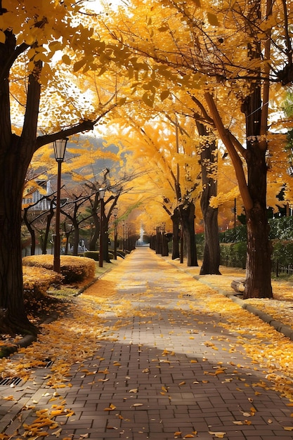 Golden Autumn Path Ginkgo Trees Sunlight