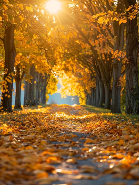 Golden Autumn Pathway Scenic Fall Foliage with Sunlight