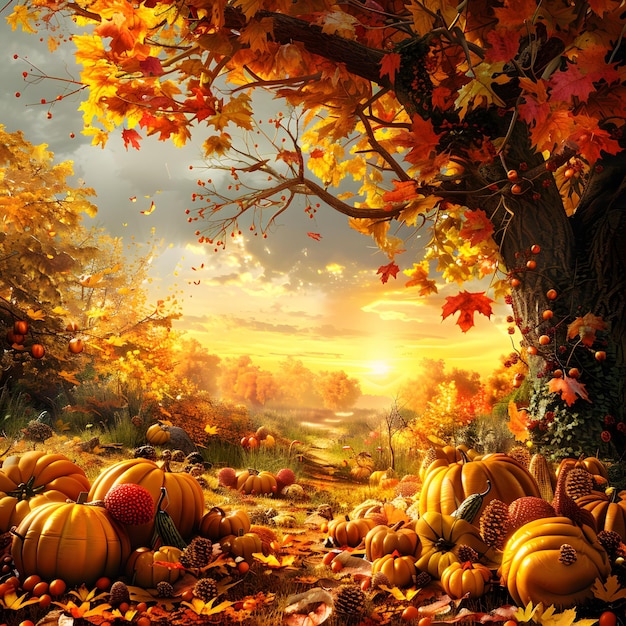 In the golden autumn the pumpkins are ripe and a fruitful harvest scene