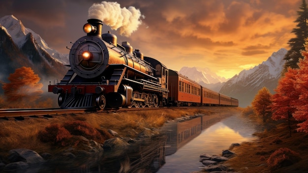 golden autumn steam locomotive in the mountains